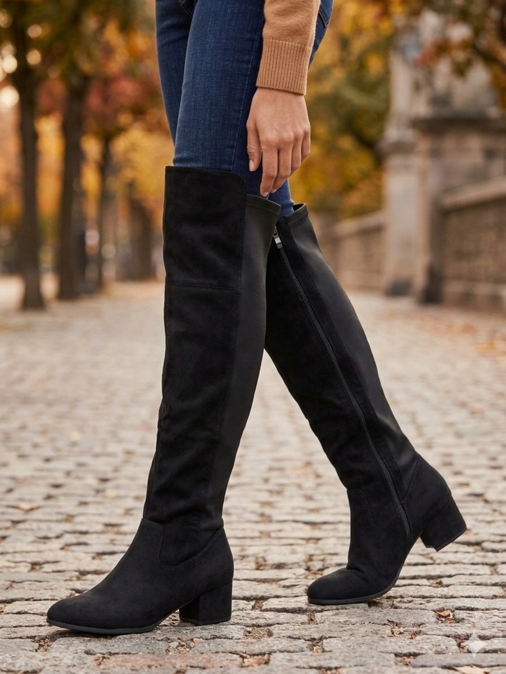 NWT Black Faux Suede Knee High Heeled Boots Block Heel Women's Size 6.5W